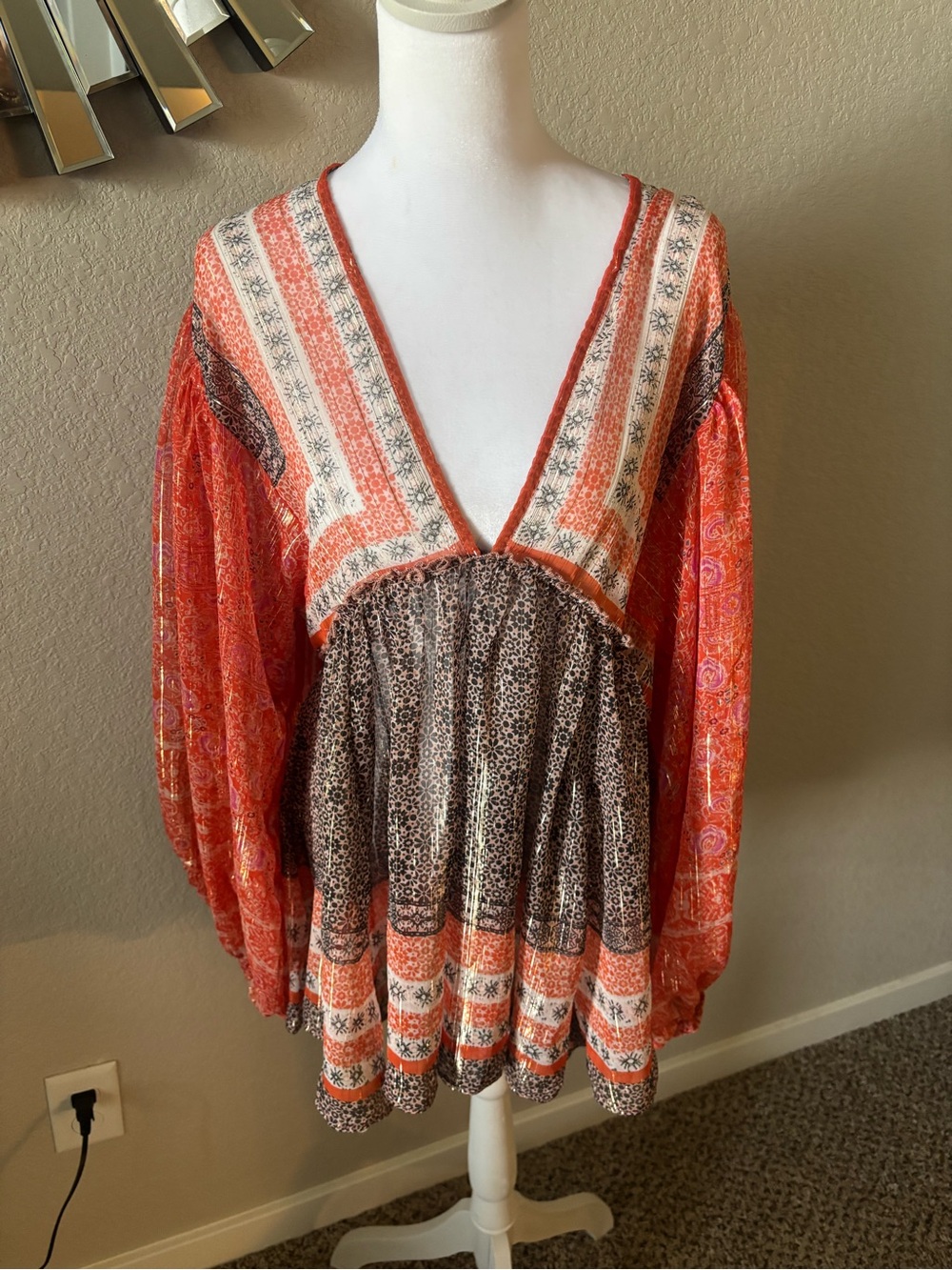 Free People Orange and Brown Printed V-Neck Peasant Blouse